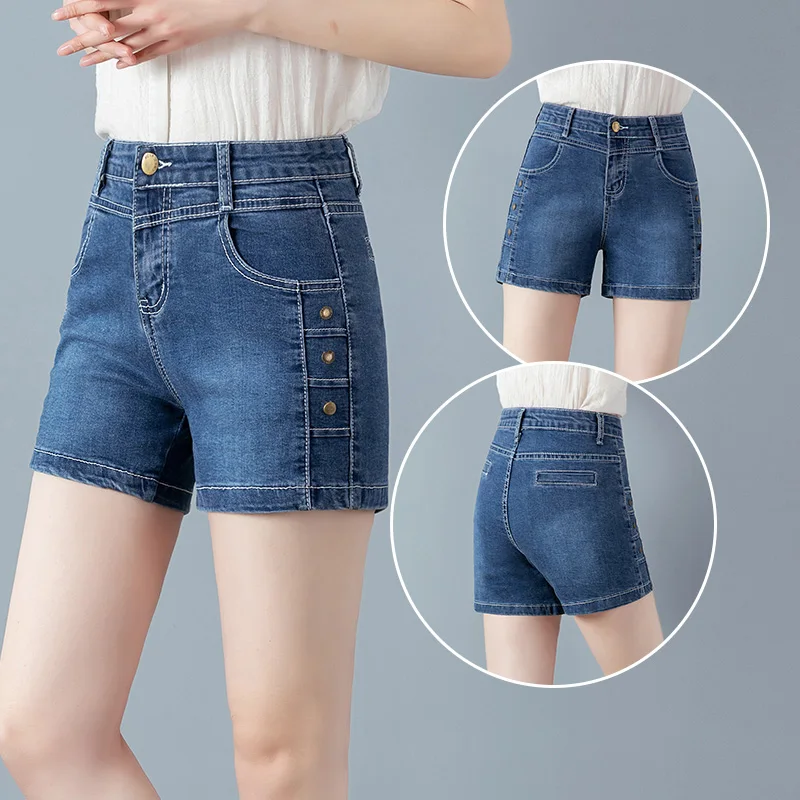 

#0641 Black Blue Denim Shorts Women Cotton Buttons High Waisted Shorts Elegant Casual Slim Thin Denim Cotton Jeans Shorts Summer