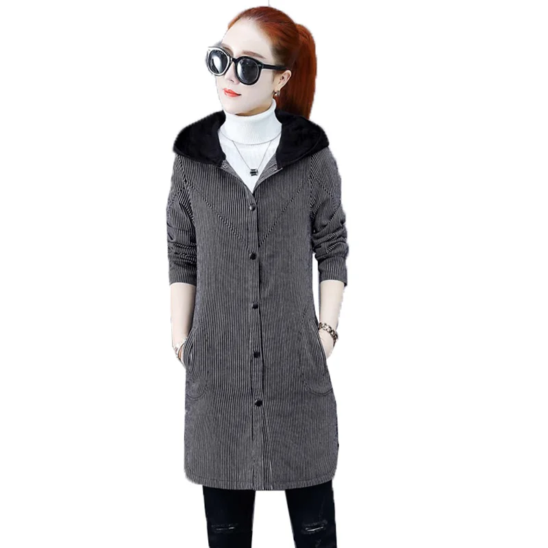 

Women's Windbreaker Jacket 2020 Autumn New Thicken Stripes Casual Middle Long Coat Women's Hooded Fashion Baseball Uniform