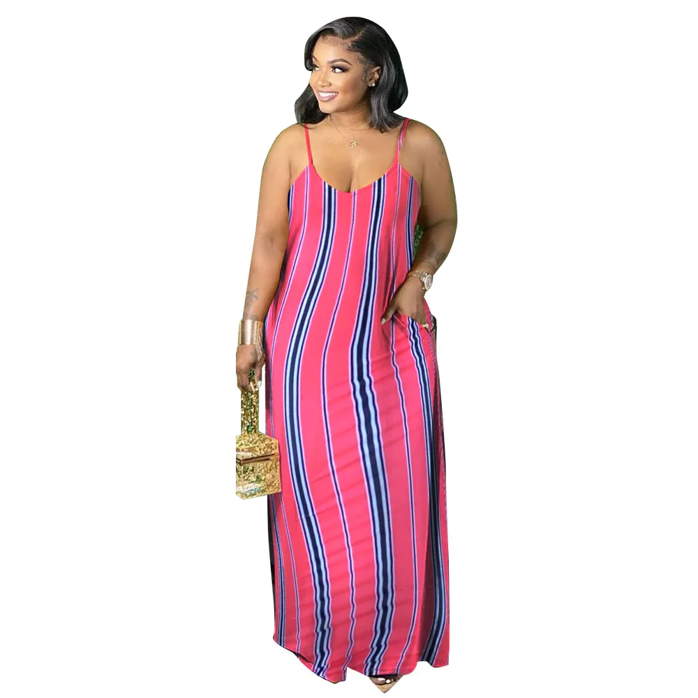 

Women Bohemian Striped Maxi Dresses Loose Adjustable Spaghetti Strap Floor Length Plus Size Dress