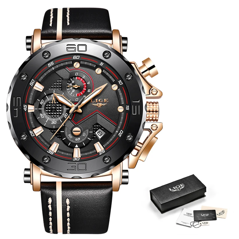 

2019 LIGE Fashion Mens Watches Top Brand Luxury Big Dial Military Quartz Watches Leather Waterproof Sports Chronograph Watch Men