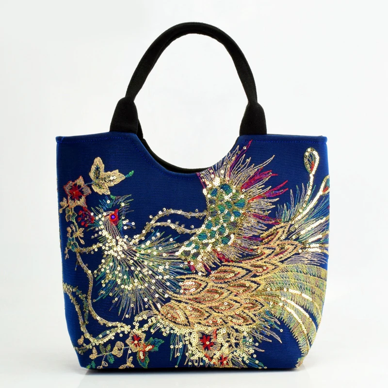

Women Bag Hand Embroidery Shiny Sequins Beautiful Peacock Retro Casual Tote Bags Large Capacity Luxury Shopper Hand Bag