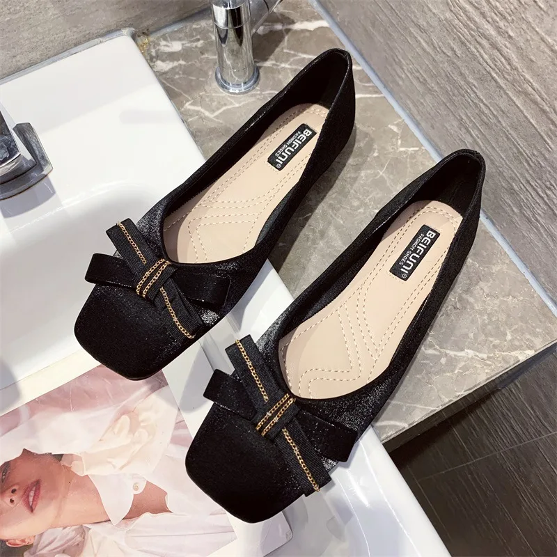 

Square Toe Ballet Flats Women Slip On Bow Shoes Spring 2021 New Elegant Bow Flats Shoes for Women Bling Ballets Flats