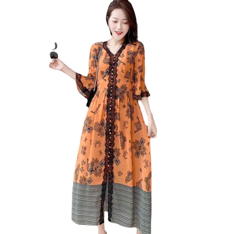 

Pocket Silk Dress 2021 Summer New Style Elegant And Fashionable V-Neck Trumpet Sleeve Hedging Mulberry Silk Skirt 1888