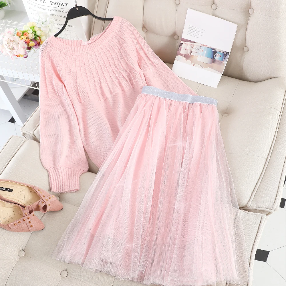 ALPHALMODA милый женский комплект юбки и свитера вязаный Топ с бантом воротником +