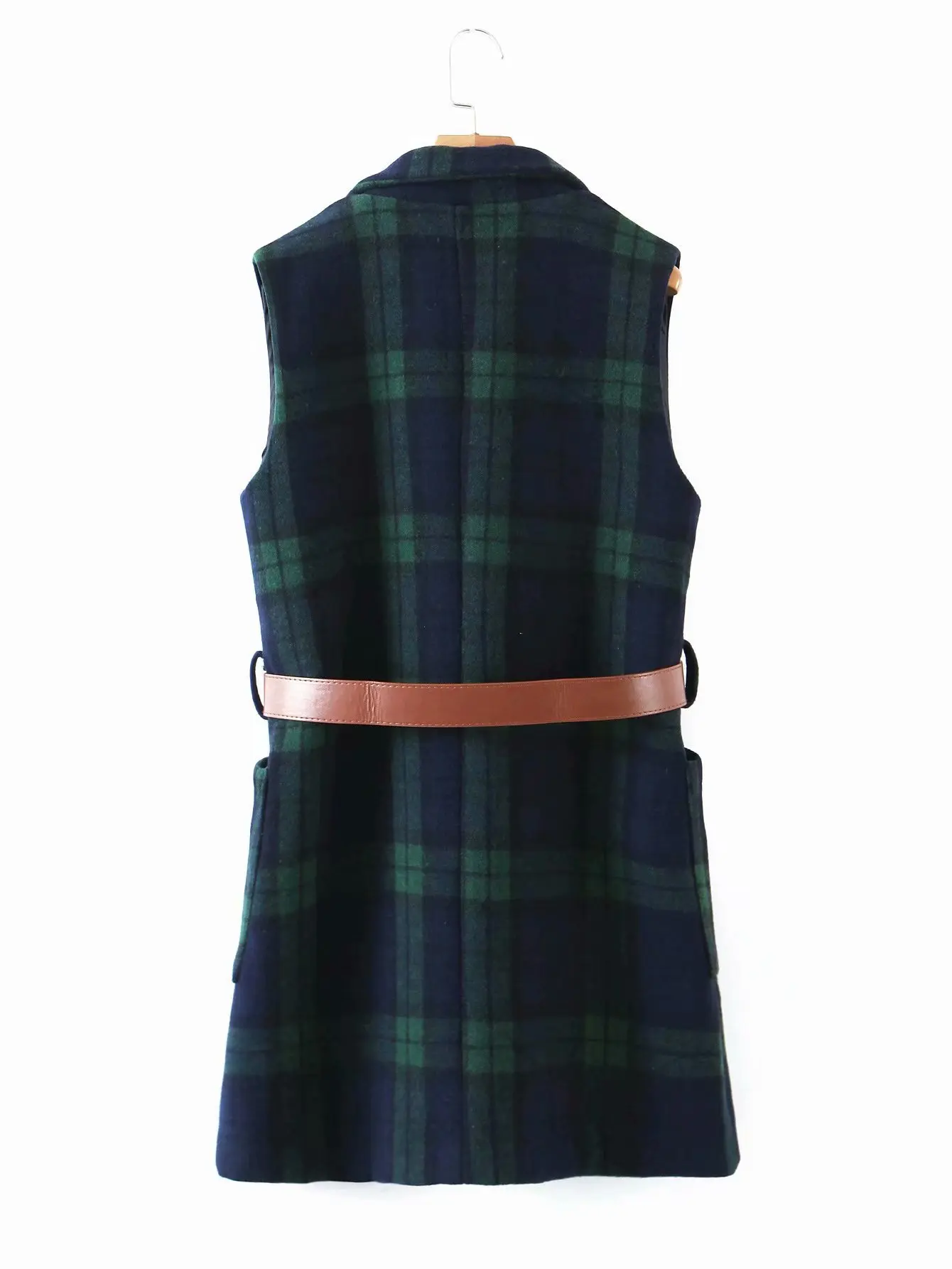 Женская Повседневная осенняя куртка без рукавов зеленая клетчатая длинная