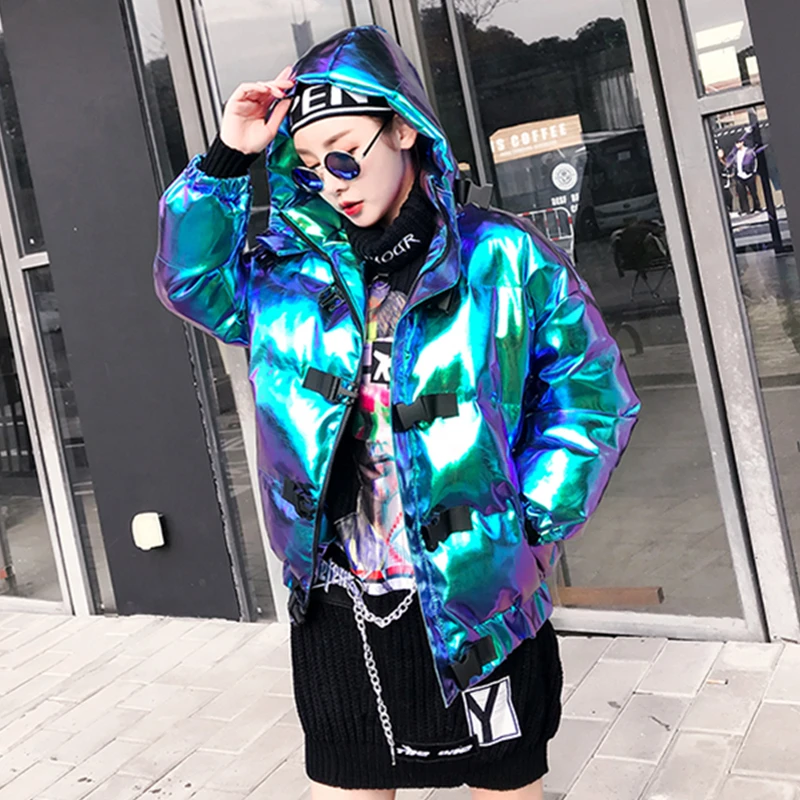 

2021 Winter Women Men Thick Warm Hooded Jacket Personality Laser Padded Coat Female Harajuku Plus Size Street Style Parkas