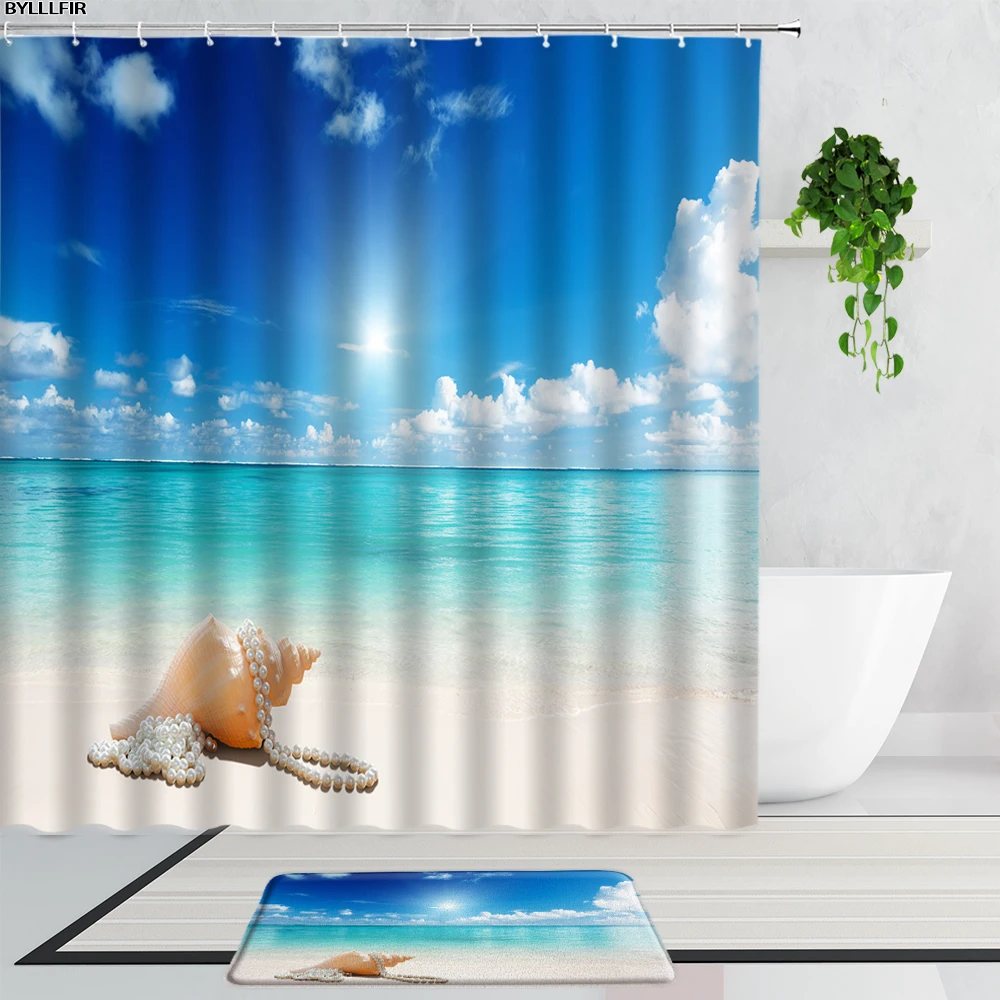 

Ocean Beach Shower Curtains Bath Mat Set Shell Conch Pearl Blue Sea Hawaii Natural Scenery Bathroom Decor Set Anti-Slip Foot Rug