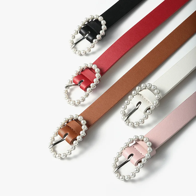 

Fashion Pearl Decorative Belt Ladies Belt Round Pin Buckle Pearl Belts Women's Casual Solid PU Leather Thin Belt