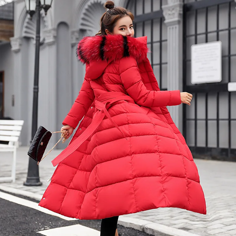 

2020 Hot Sale Korean Slim Parka Women's Over the Knee Long Fur Collar Detachable Hooded Down Cotton Coat