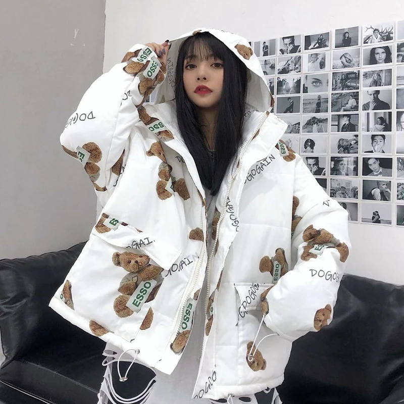 

Winter Bear Print Hooded Coat Women Fashion Zipper Big Pocket Warm Oversized Jackets Korean Loose Streetwear White Black Parkas