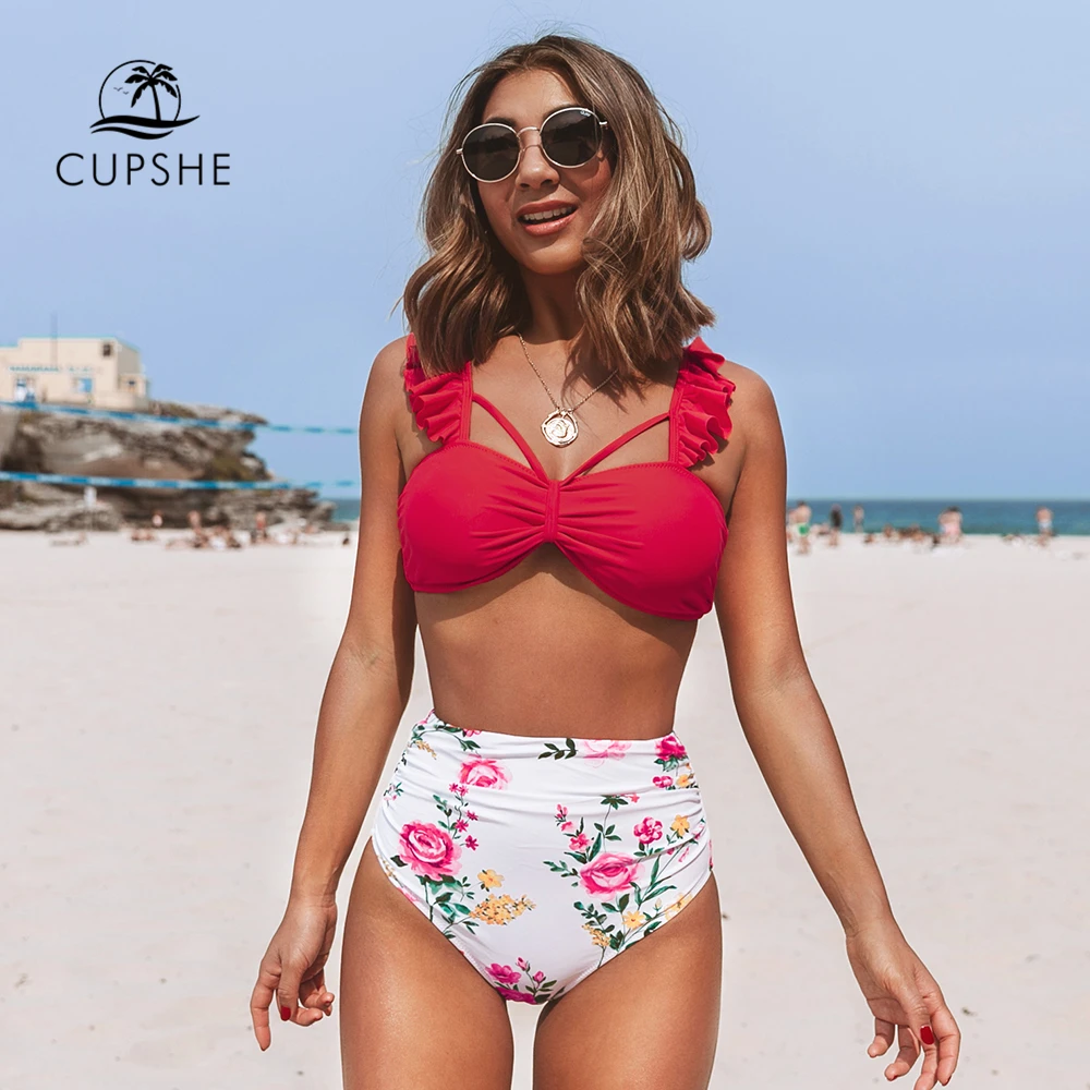 CUPSHE Красный бантик бикини наборы с цветочным рисунком высокая талия низ