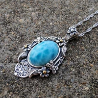 antique silver pendant blue natural larimar flower pendant in 925 sterling silver jewelry