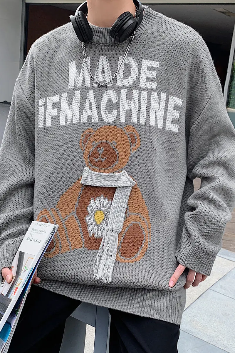 

2021 Autumn And Winter New Youth Fashion Men's Hong Kong Style Personalized Printing Sweater Fashion Casual Round Neck Pullover