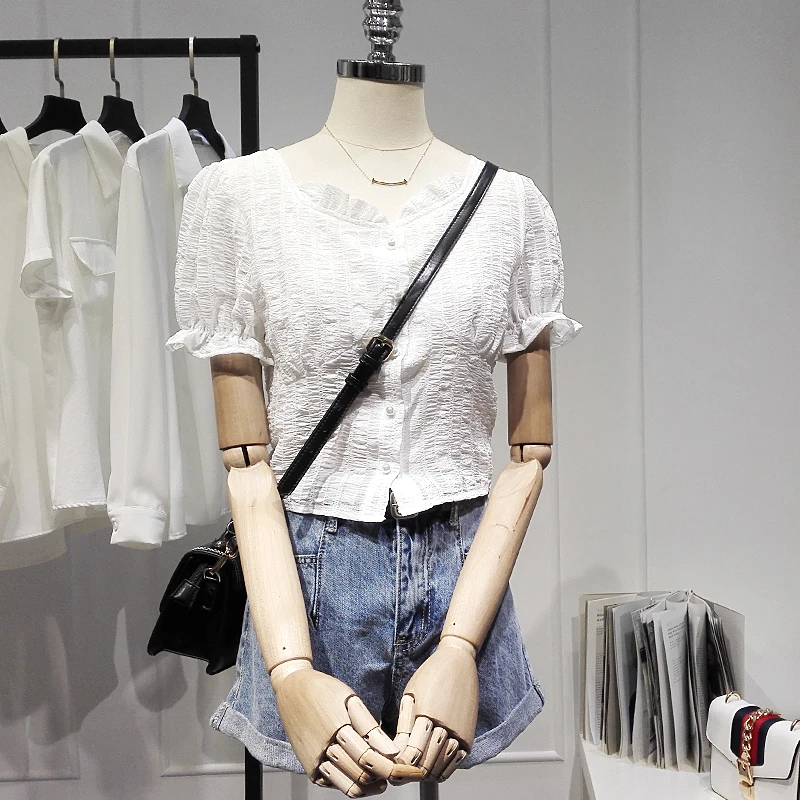 

2021 Summer New Sweet White Shirt for Women French Style Fashion Blouse Short Slimming Top Solid Colour All-match Simple Blusas