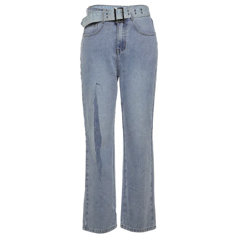 

Women Street Style High Waist Pants Denim Pockets Cut Out Long Pants Ripped Denim Straight Jeans With Belt 2021 Fashion