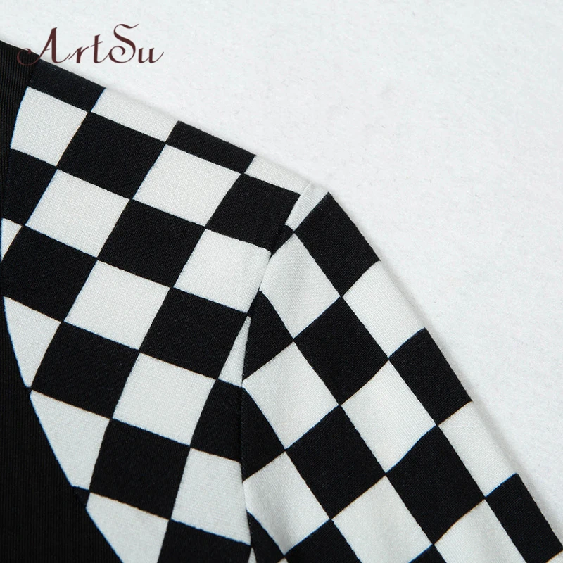 ArtSu Checkerboard короткий топ с длинными рукавами, водолазка с пряжкой, Футболка женская Harajuku, футболка, клетчатая забавная футболка ASTS60396