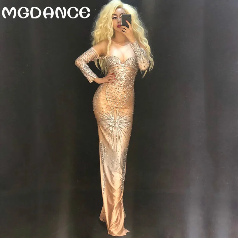 

New Sexy Sparkly Rhinestone Long Dress Silver Glisten Crystals Costume Evening Birthday Celebrate Dress Wear Luxurious Outfit