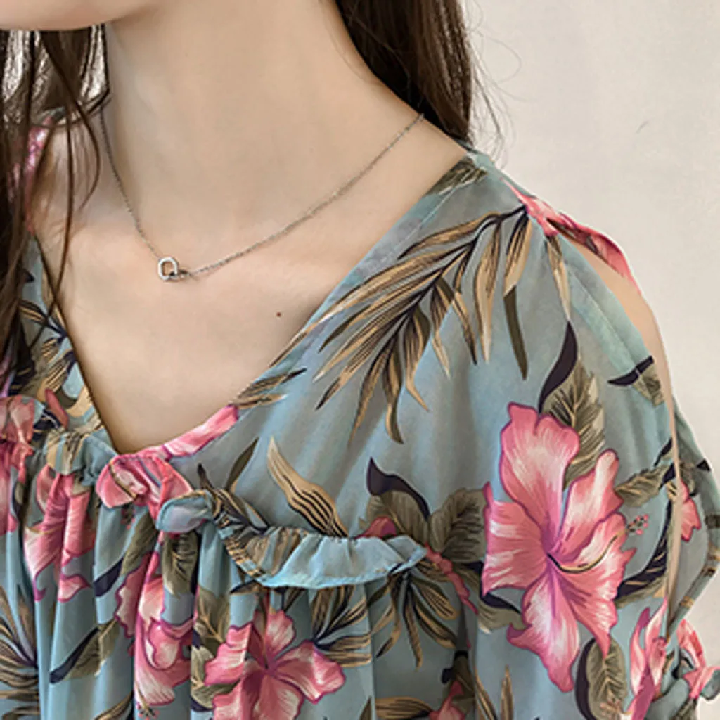 

Casual Chifon Blouse Ruffle Floral Print Women Shirts Elegant Short Sleeve Off Shoulder Elegant Spring Summer Tunic For Ladies#G