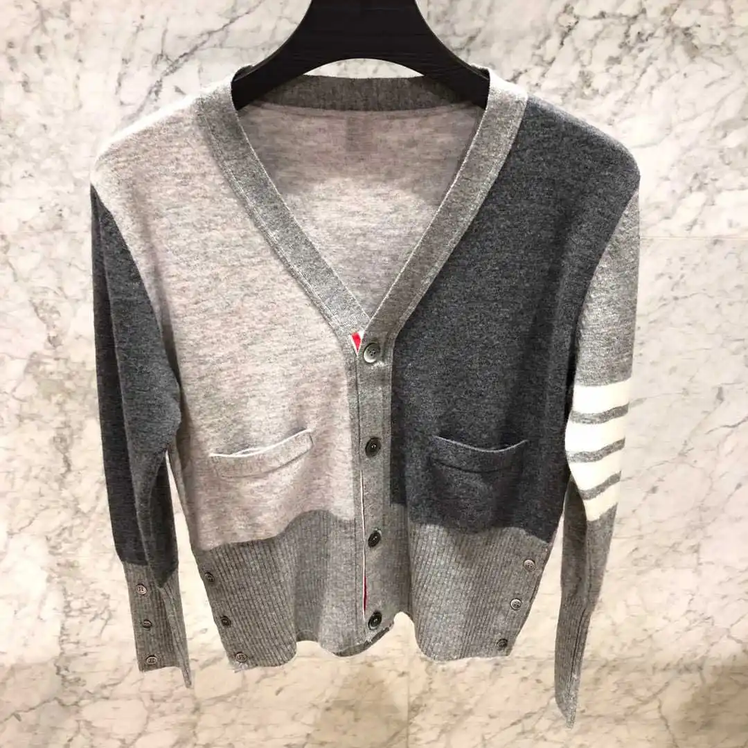 

2021 Fahion brand tb cardigan men women v-neck striped wool sweater patchwork slim fit england style thin knitted coat