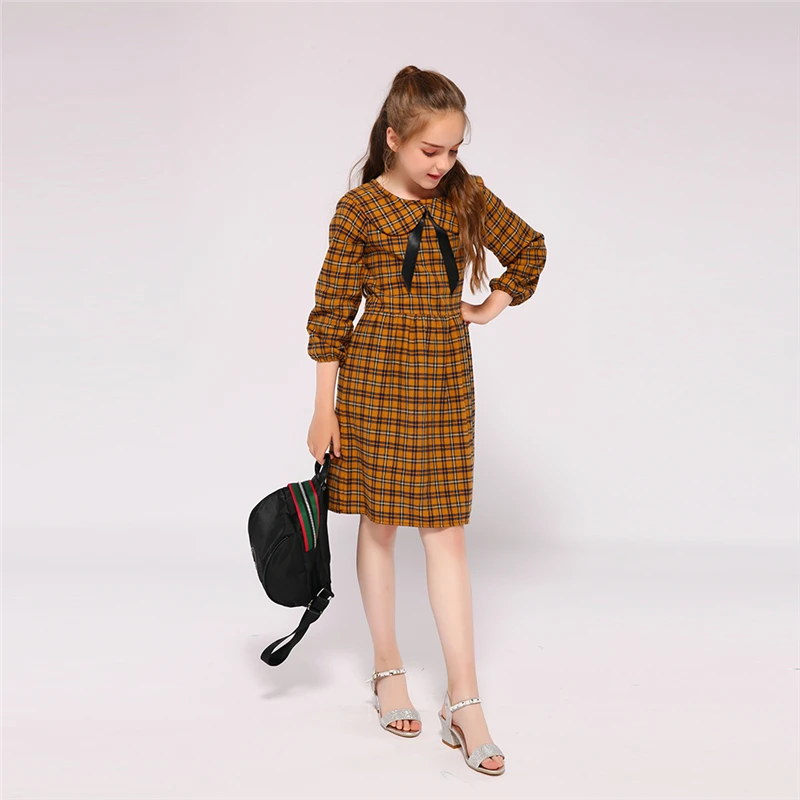 Kseniya Kids Wholesale Peter Pan Collar Bow Plaid Girl Dress Long Sleeve For 2 to 9 Years