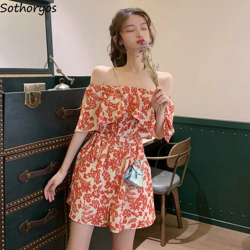 

Vintage Rompers Women Casual Elegant Slash Neck Sexy Print Retro Empire Playsuit Ladies Summer Fashion All-match Ulzzang Chic