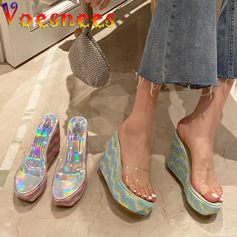 

Voesnees Women Slipper Shoes Summer Sexy Transparent Sequin Wedges Sandals Colour Platform Model Show High-Heeled Shoes 2021 New