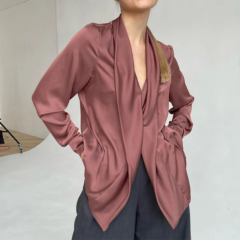 

2022 New Arrival Women Elegant Loose Blouse and Shirt Spring Long Sleeve Solid Color Retro Shirts Female V-neck Office Tops