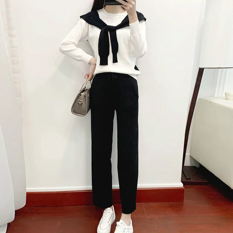 

Casual Sets Korean Splice Knitted 2-Piece Suits Women Lace-Up Long Sleeve Pullover Solid Color Ankle-Length Straight Leg Pants