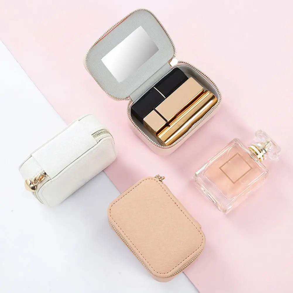 

Mini Lipstick Storage Bag Girls Portable Faux Leather Lipstick Storage Box with Mirror Jewelry Organizer Makeup Storage Case