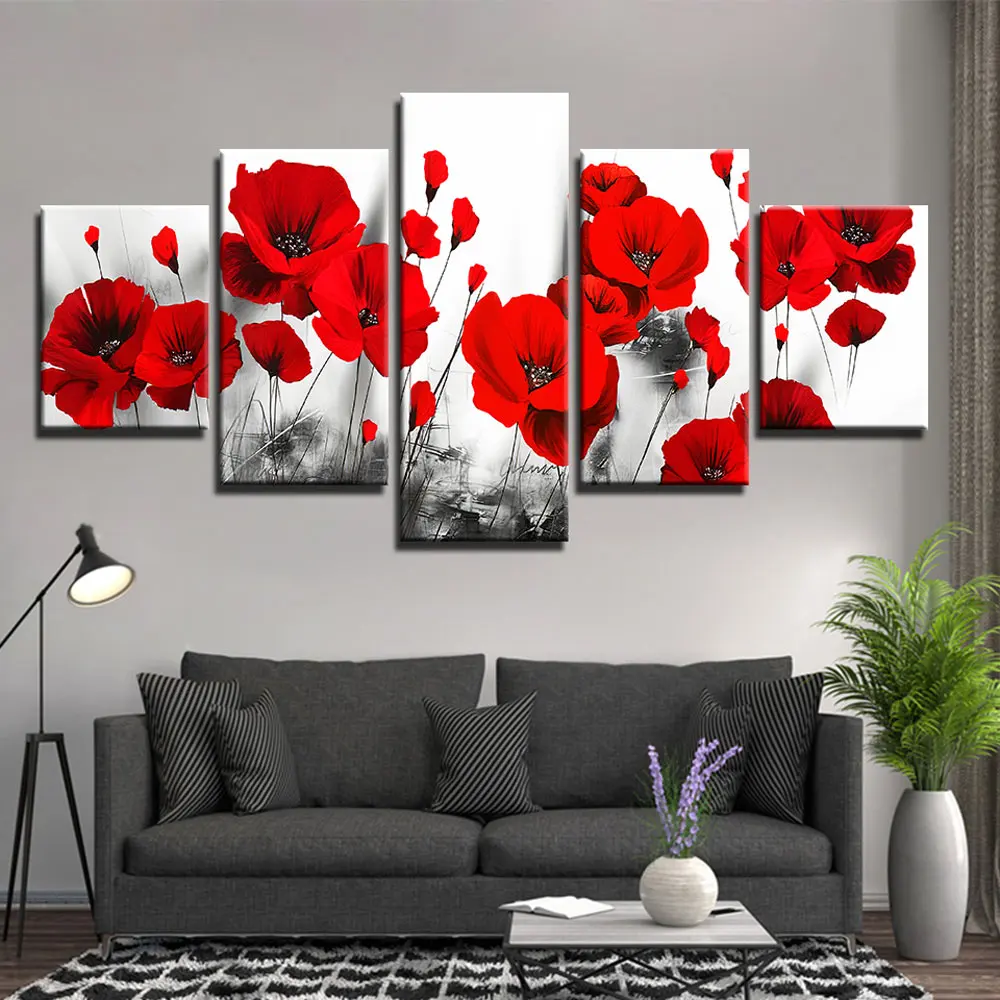 

5 Pieces of Nordic Red Poppy WallArt Painting Modular High-definition Printing Pictures Rose Poster Wall Home Decoration Frame