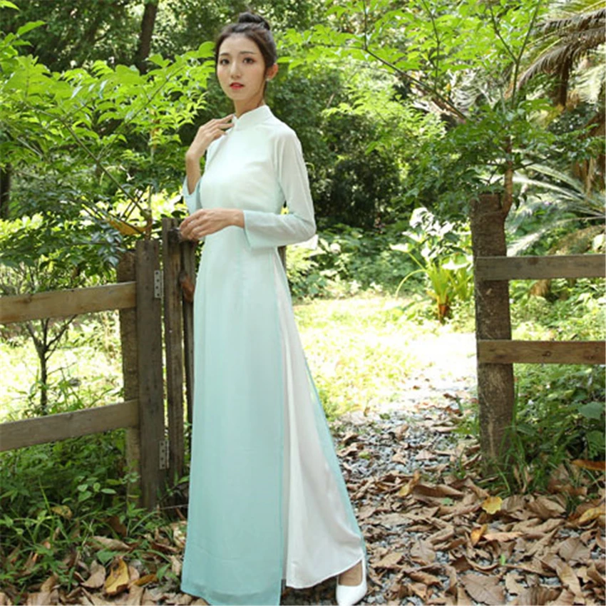 Изящное летнее платье для женщин в стиле ретро от AO Dai, новинка, вьетнамский стиль, чонсам, шифоновое, вечерние, китайское, элегантное, женское, длинное платье