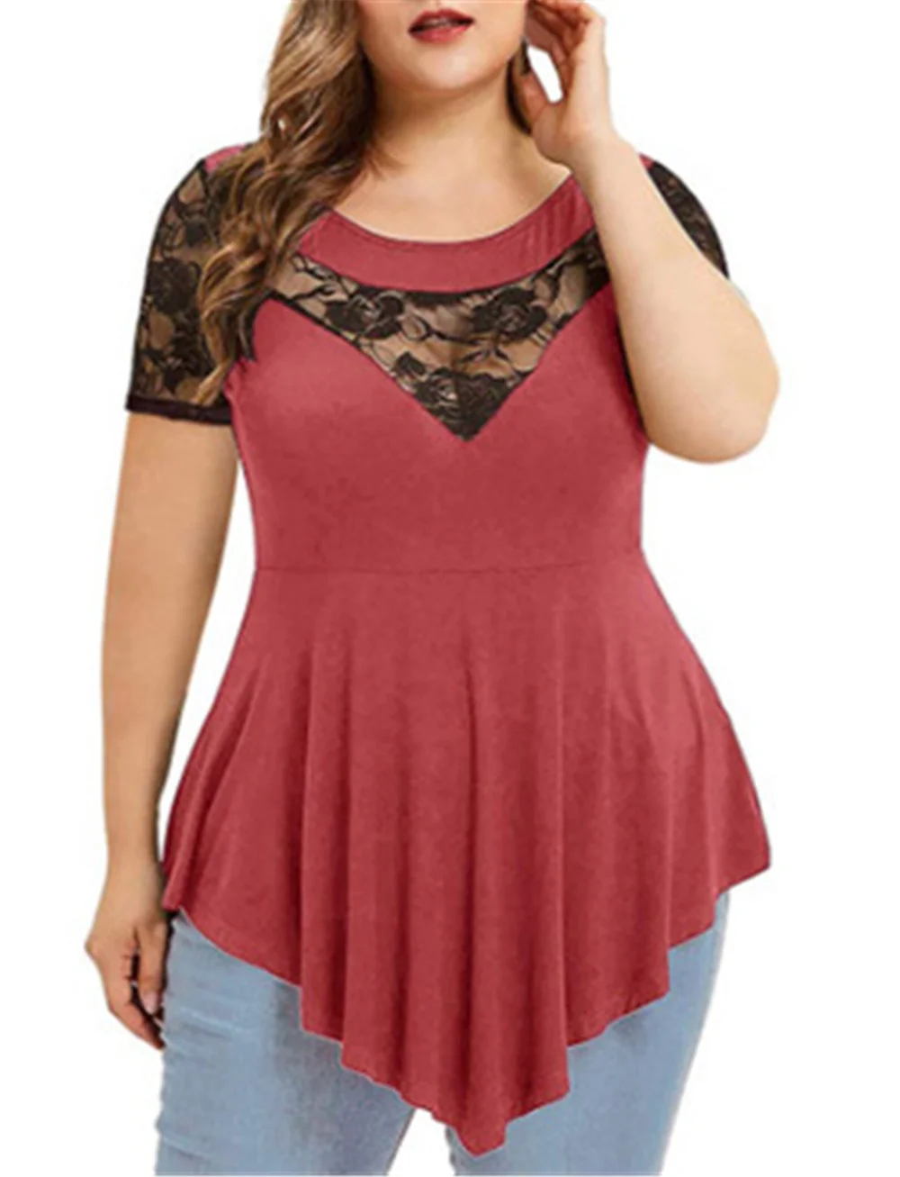 

Plus Size Women T-shirt Pure Color Lace Perspective Irregular Hem Summer V Neck Short Sleeve Tees Fashion Street Ladies Tshirt