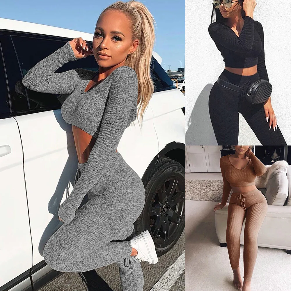 

Sexy V Neck Knitted Crop Tops And Skinny Leggings 2 Two Pieces Set 2020 Autumn Women Elastic Tracksuit Streetwear Female Outfits