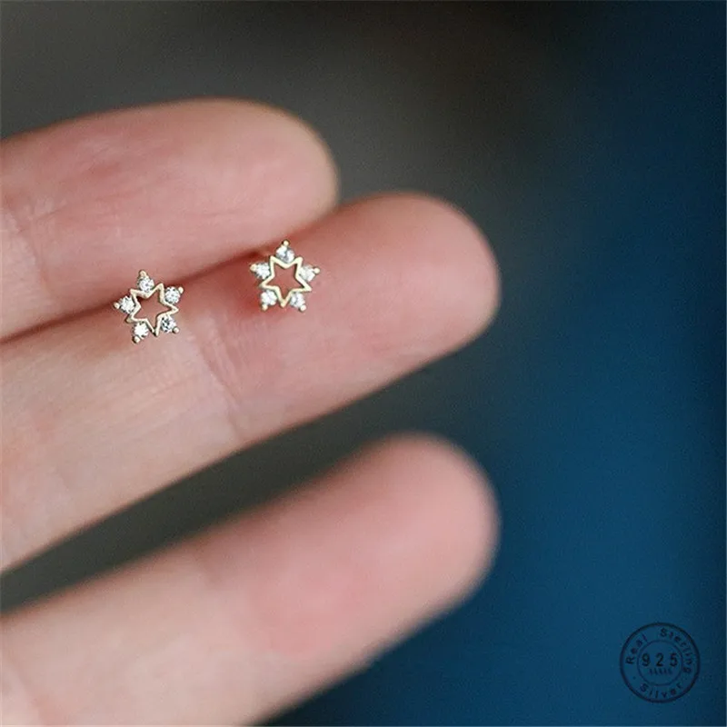 

925 Sterling Silver Simple Star Stud Earrings For Women 14k Gold Plating Pavé Crystal Exquisite Small Wedding Party Jewelry Gift