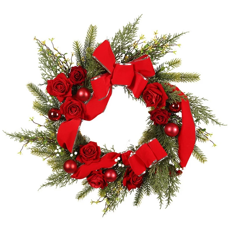 

Artificial Pine Wreath With Red Rose Flower Red Ribbon For Front Door Wall Window Farmhouse Home Christmas Decoration