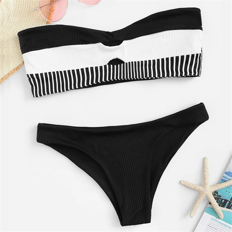 2020 New Stripe Swimsuit Women Strapless Bandeau Swimwear Padded Bralette Bathing Suit S-XL Girl Ribbe Bikini Set | Женская одежда