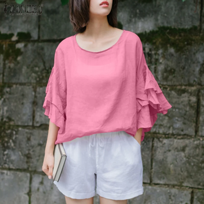 

Женская Элегантная блузка ZANZEA 2021, летний праздничный топ с оборками, повседневная однотонная свободная туника с коротким рукавом, женская б...