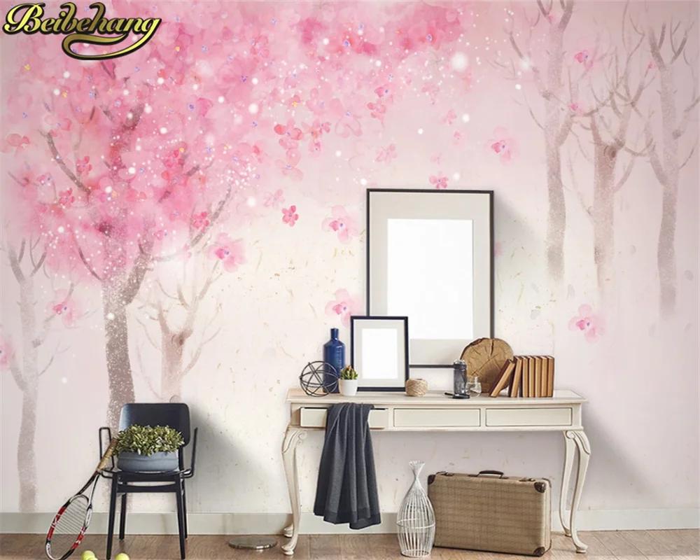 

beibehang 3d wallpaper mural hand painted watercolor cherry blossom background wall nordic romantic cherry tree forest