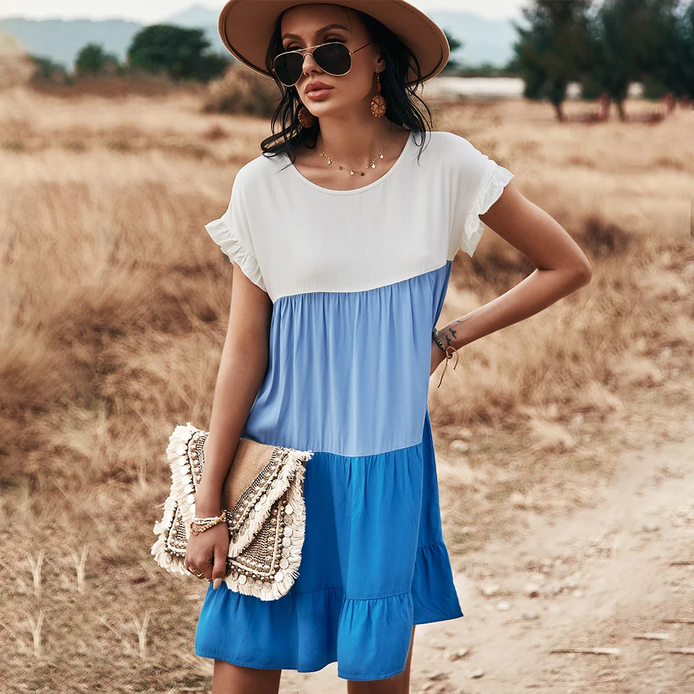 

2021 New Patchwork Ruffles Summer Dress Women Casual O Neck Butterfly Sleeve Mini Dress for Woman Sweet Beach Dresses Vestidos