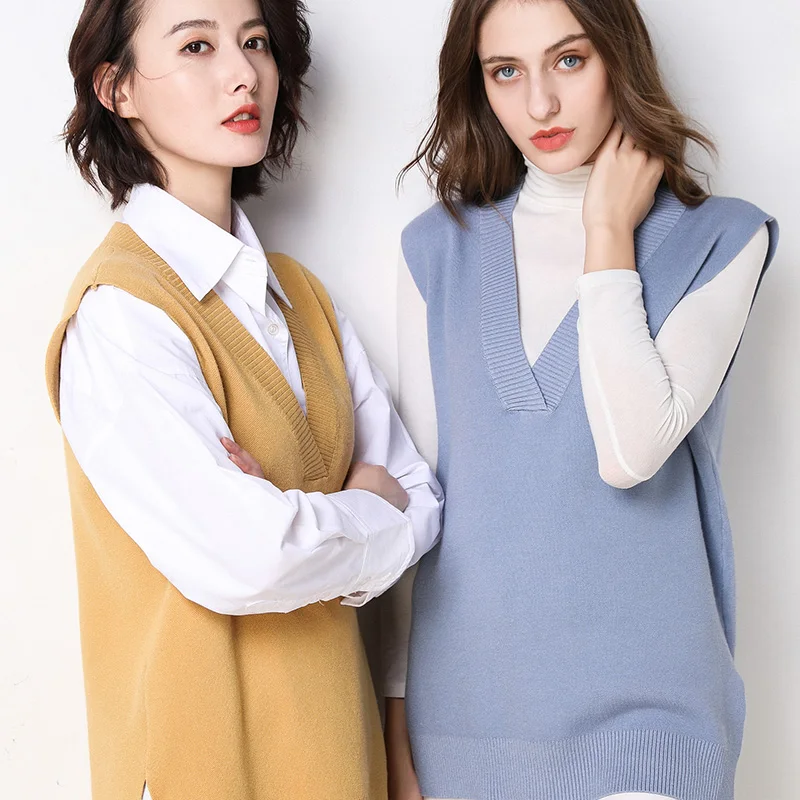 Женский кашемировый вязаный жилет свободный свитер с разрезом по бокам пуловер без рукавов джемпер Новинка