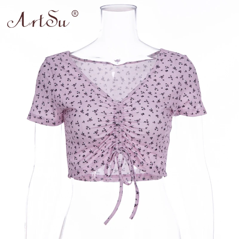 Женский укороченный топ на завязках ArtSu Розовый Повседневный Топ с цветочным