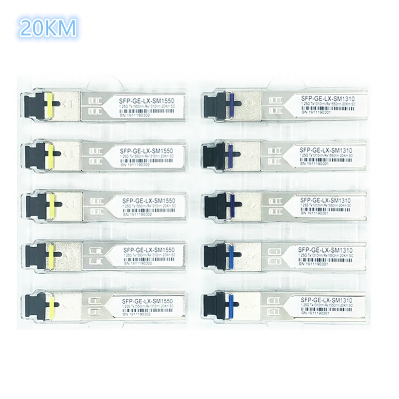 

SC SFP волоконно-оптический модуль 1,25G SC 20 км 1310/1550 нм одиночный волоконный SFP оптический модульный приемопередатчик для ONU OLT5 пар Совместимост...