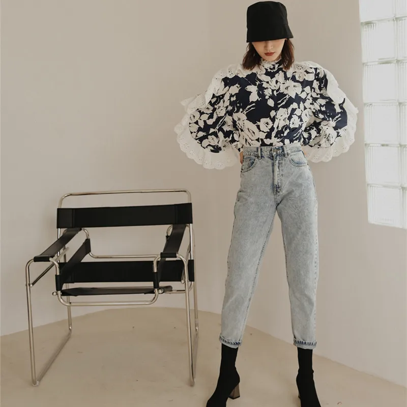 WHITNEY WANG Blouses 2020 Spring Fashion Streetwear Lace Ruffles Patchwork Florals Printed Blouse Women Blusas Lady Shirt Top | Женская