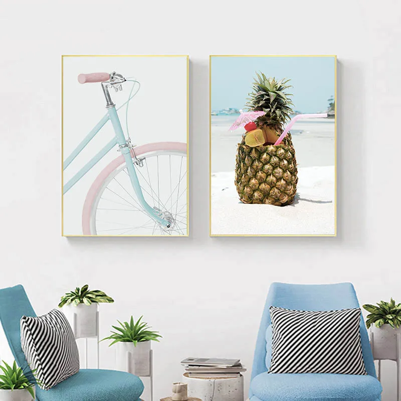 Тропический яркая пляжная ананас плакат с велосипедом пейзаж Картина на холсте