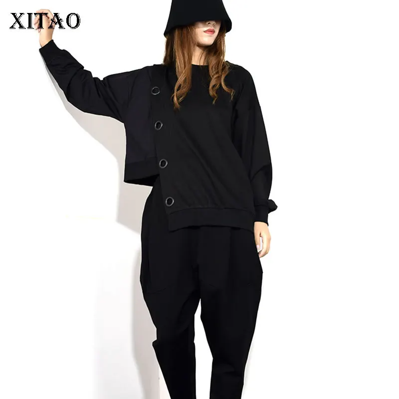 XITAO/черная Повседневная футболка с блестками, Асимметричная Длина, Женская Осенняя коллекция года, модный топ с круглым вырезом и длинными рукавами, XJ1106