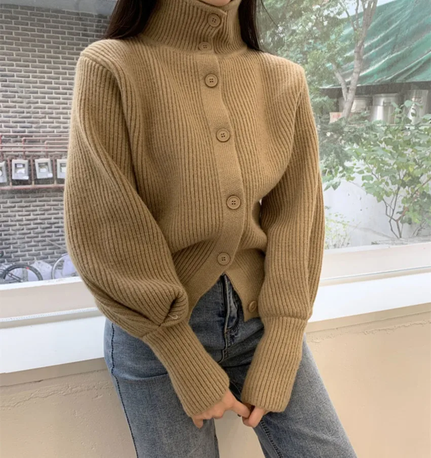 

JSXDHK Designer Style Autumn And Winter Loose Sweater Coat Fashion Women Stand Collar Knitted Lantern Sleeve Gray Lazy Cardigan