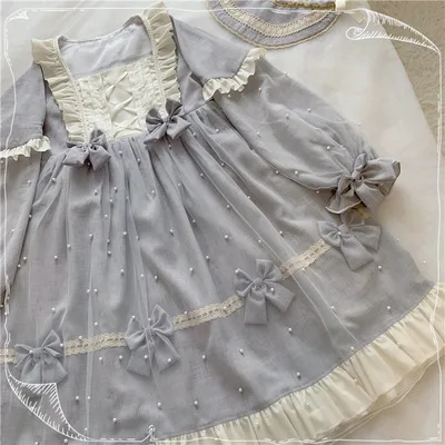 Light Blue Dress 2 вида цветов, осенне-зимнее женское платье Лолита с высокой талией, милое роскошное платье ручной работы с бантом и жемчугом, сарафан Лолита, платье с длинными рукавами - Цвет: Light Blue Dress