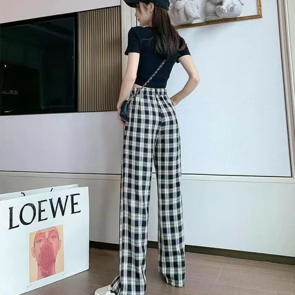 

2021 summer new black and white plaid trousers tall waist shows thin, wide and loose student leisure thin