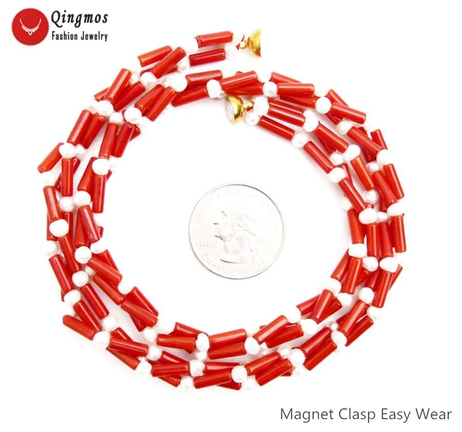 Qingmos Natural 3*9mm Thick Slice Red Coral Necklace for Women with 4mm Round White Pearl Jewelry 3 Strand Chokers 17'' | Украшения