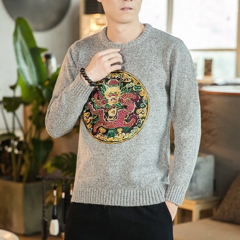 

MRGB 2021 autumn winter new men’s Chinese dragon embroidery sweater loose casual male warm pullover oversize sweatshirt